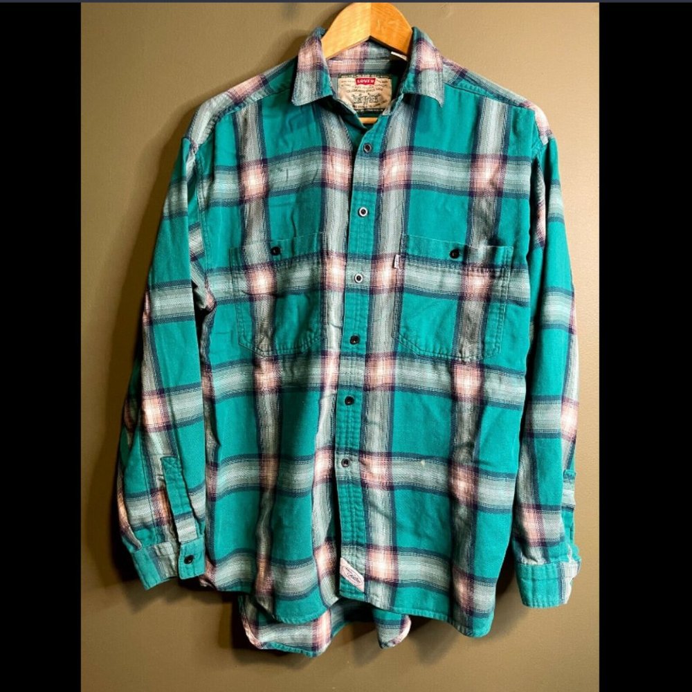 VTG 90s Men's LEVIS Light Blue Plaid L/S Button-Down Flannel Shirt M EUC